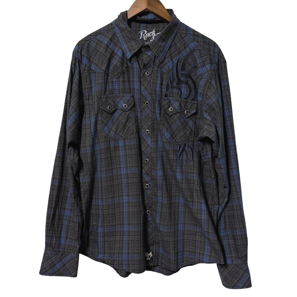 Rock 47 Wrangler Shirt Mens XL Western Plaid Black Snap Tribal Cowboy Rodeo Coun